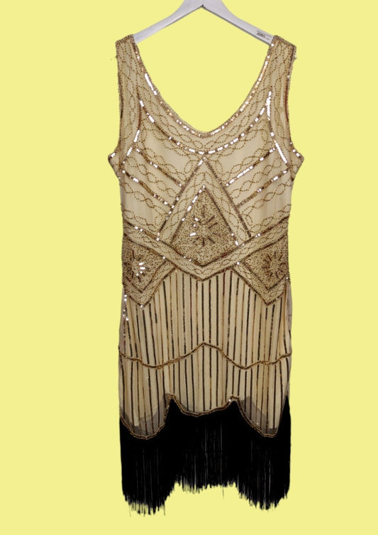 Vintage, Αμπιγιέ, Φόρεμα με Παγιέτες και Κρόσια σε Μπεζ Χρυσό χρώμα (2XL)
