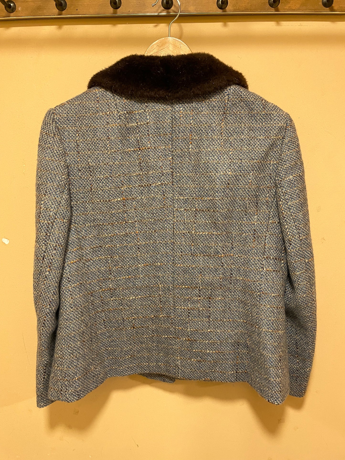 Vintage, Μάλλινο Γυναικείο Σακάκι με Γούνα σε Σιέλ / Καφέ (L/XL)