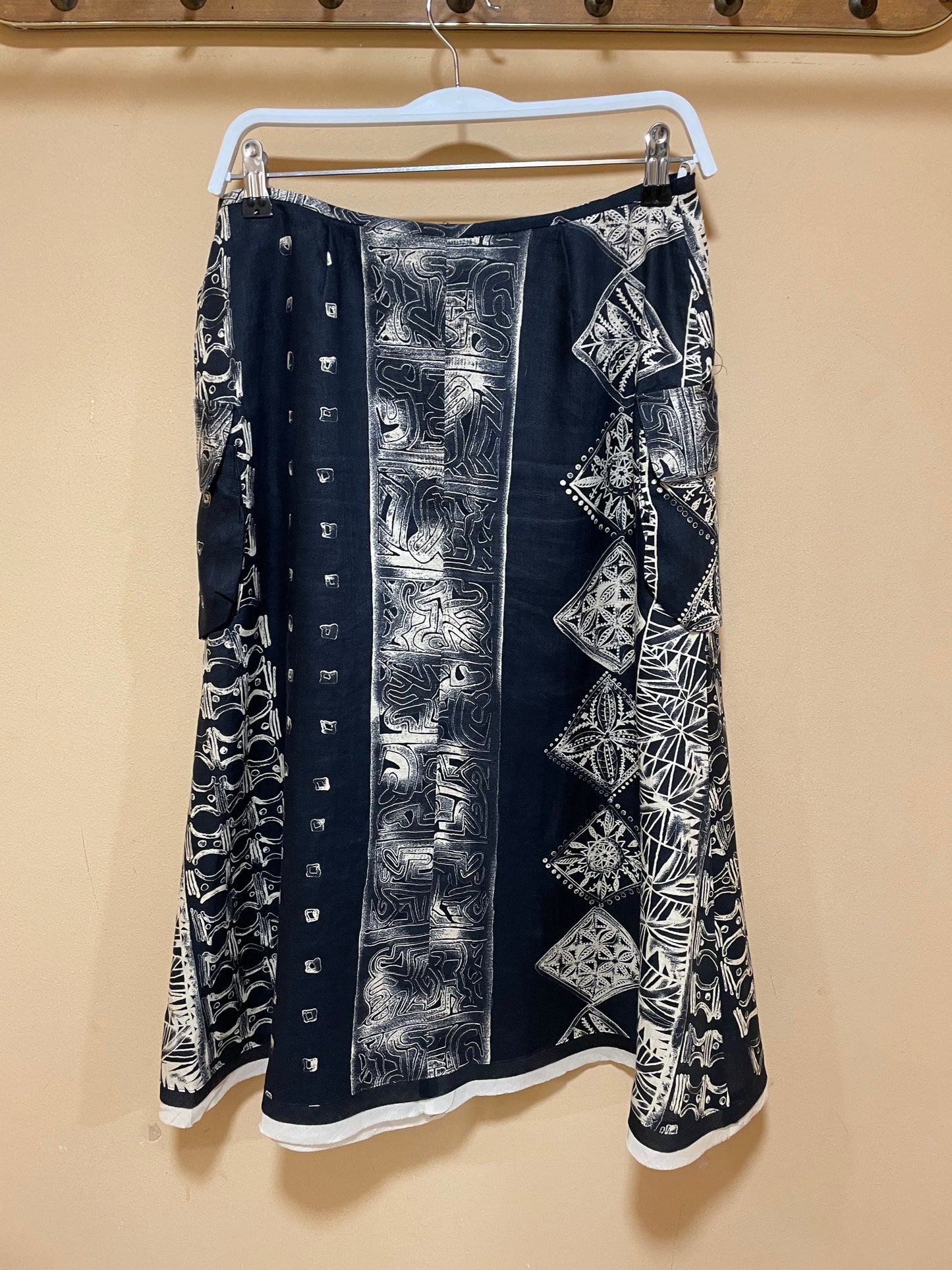 Λινή, Vintage, Αέρινη Φούστα ANEL σε Μαύρο-Μπεζ χρώμα (Small)