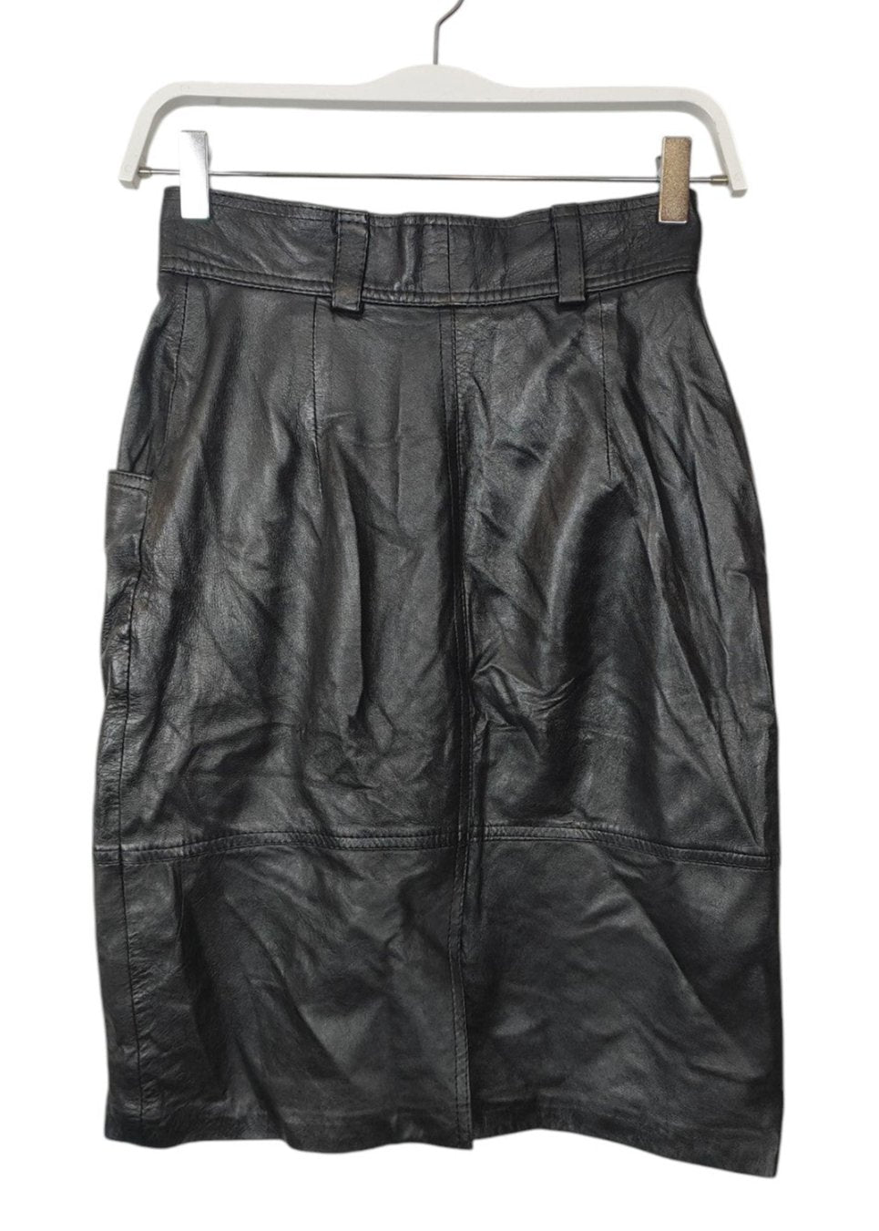 Vintage, Δερμάτινη, Midi Φούστα HUNOR σε Ίσια γραμμή σε Μαύρο χρώμα (XS)