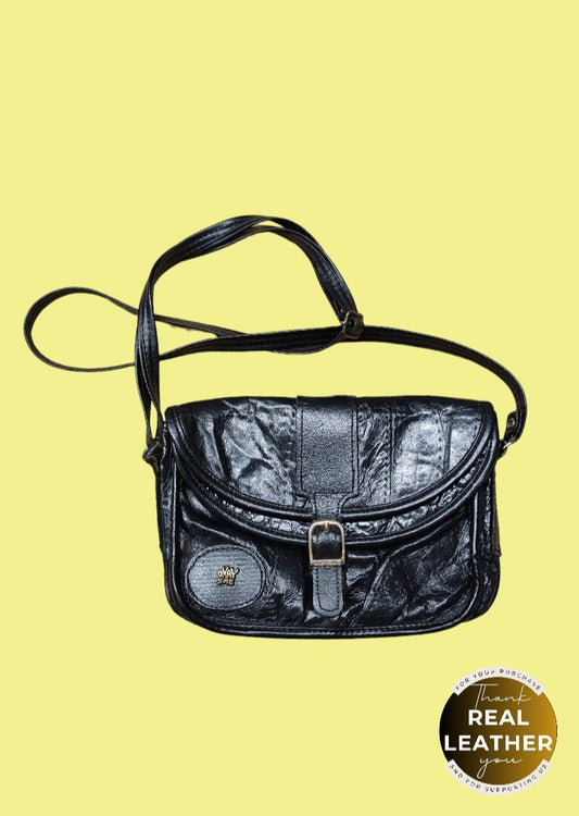 Δερμάτινη, Vintage Γυναικεία Τσάντα ώμου OKAY SAC σε Μαύρο χρώμα