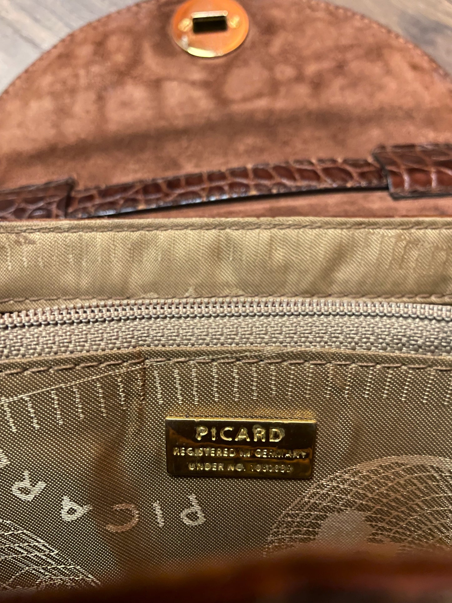 Αυθεντική, Κροκό, Δερμάτινο Τσαντάκι ώμου PICARD με εφέ Αλιγάτορα σε Καφέ χρώμα