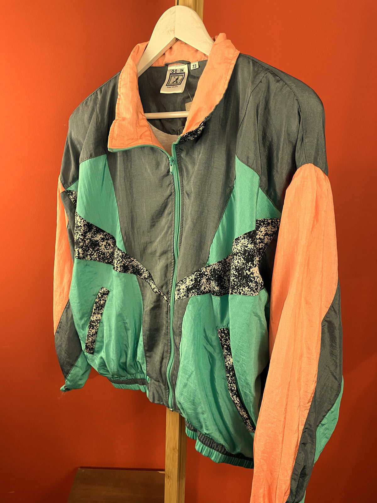 Vintage, 80s Τζάκετ GO IN σε Γκρι - Βεραμάν χρώματα (Ανδρικό S/M - Γυναικείο M/L)