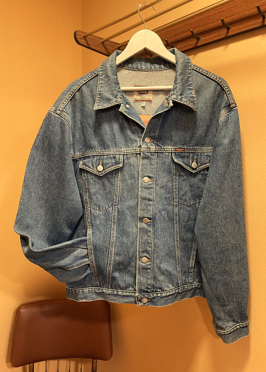 Vintage, 80s Γυναικείο Τζιν Τζάκετ RIFLE σε Σκούρο Μπλε Denim (Fitted L)