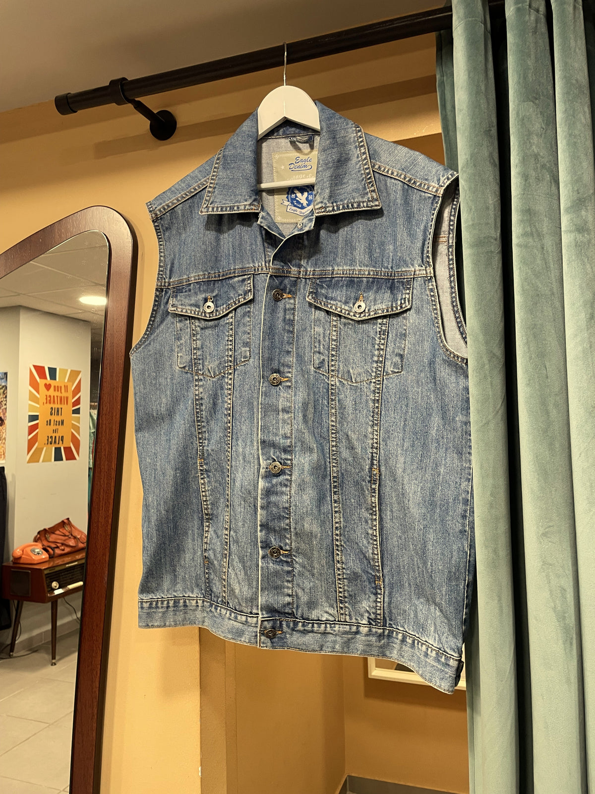 Αμάνικο, Vintage Ανδρικό Τζιν Τζάκετ EANGLE DENIM σε Ξεθωριασμένο Denim (Άνετο XL)