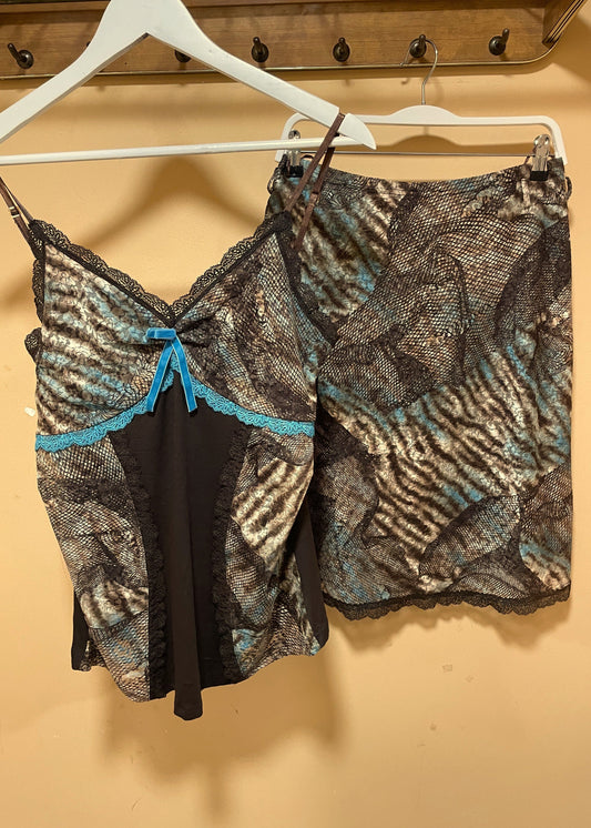 Stock, 2000's Γυναικείο Σετ VIVA (Τοπ - Φούστα) σε Καφέ & Γαλάζια χρώματα (Large)