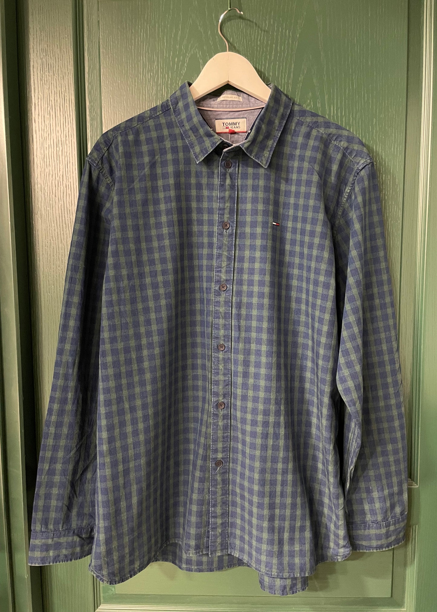 Καρό Ανδρικό Πουκάμισο TOMMY HILFIGER Regular Fit σε Πετρόλ/Χακί χρώμα (Άνετο L)