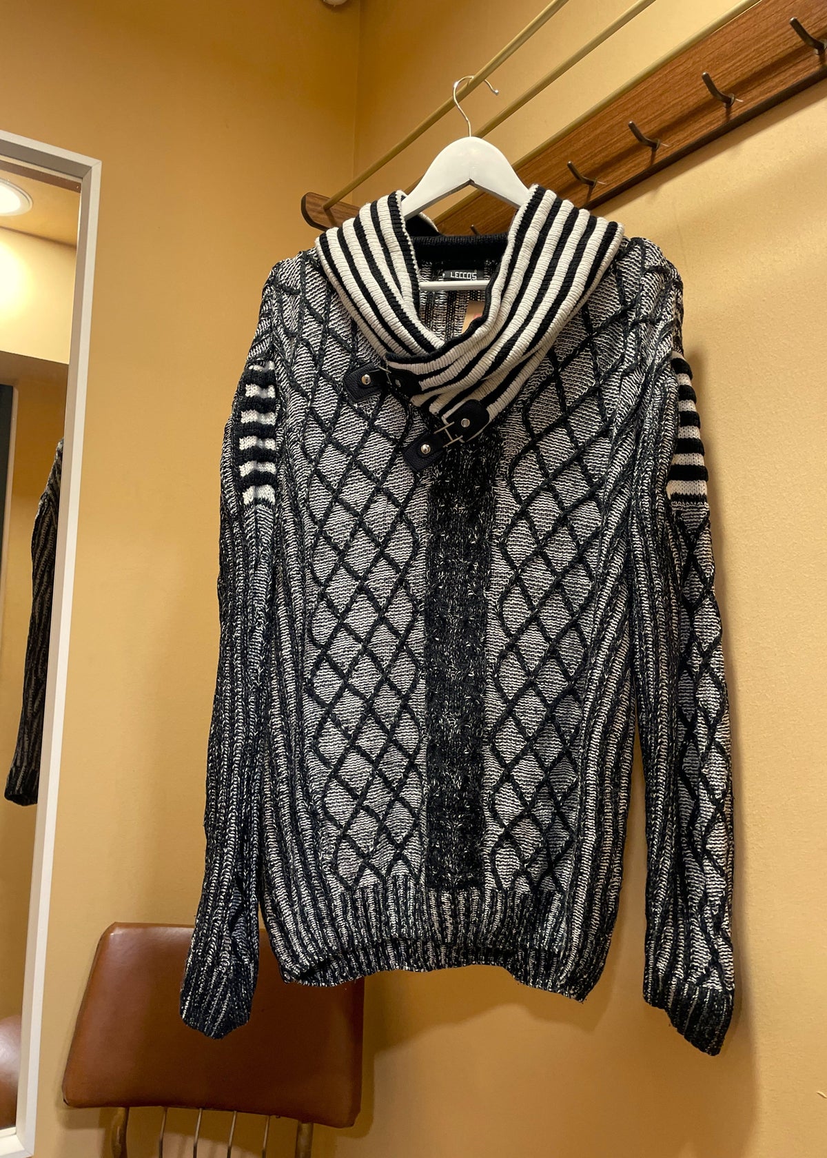 Vintage, Woolen Blended Πλεκτή Ανδρική Μπλούζα / Πουλόβερ LECCO'S σε Ασπρόμαυρο χρώμα (Άνετο XL)