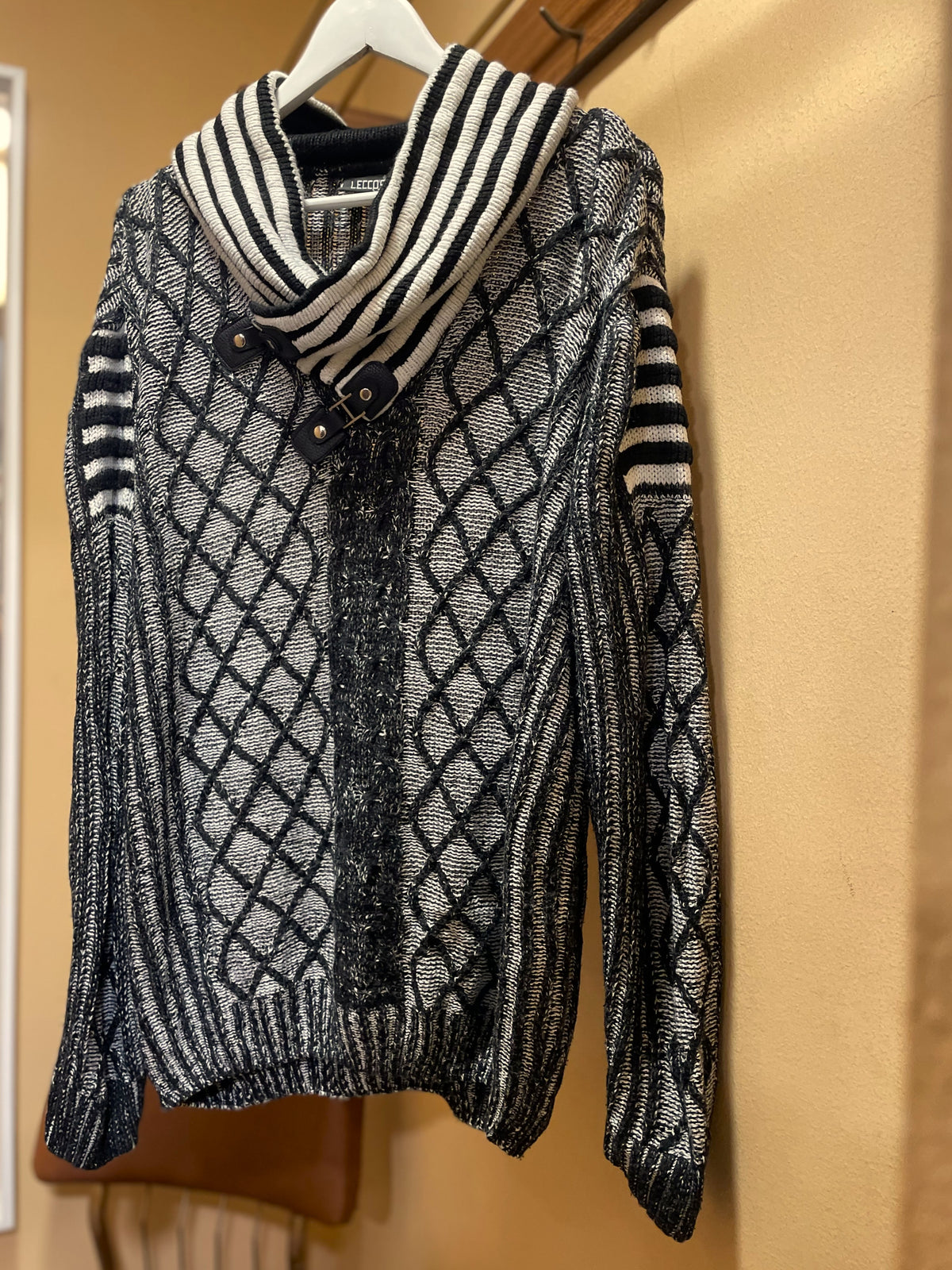 Vintage, Woolen Blended Πλεκτή Ανδρική Μπλούζα / Πουλόβερ LECCO'S σε Ασπρόμαυρο χρώμα (Άνετο XL)