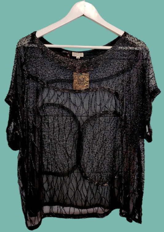 Μεταξωτή, Vintage, Αμπιγιέ Γυναικεία Μπλούζα CONFEZIONI με Περλίτσες σε Μαύρο χρώμα (M/L)