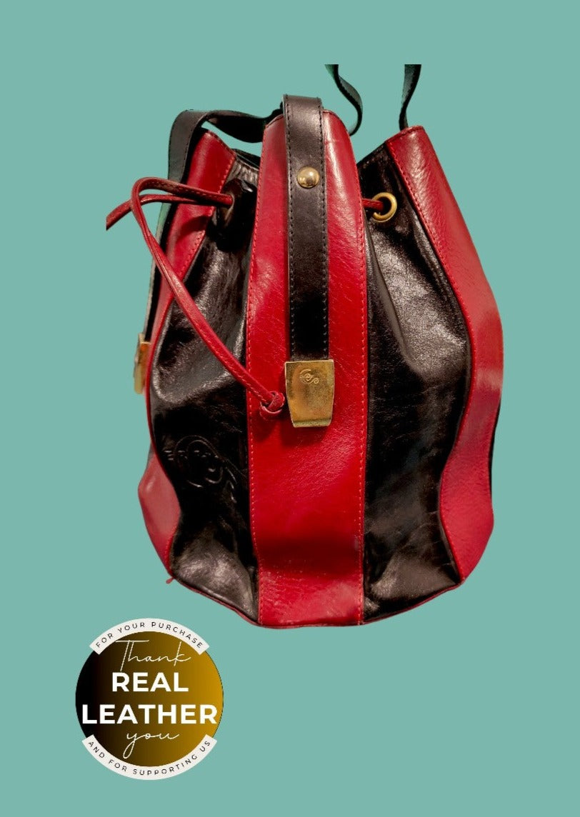 Ιταλική, Vintage, Δερμάτινη Γυναικεία Τσάντα σε Μπορντό - Μαύρο Χρώμα