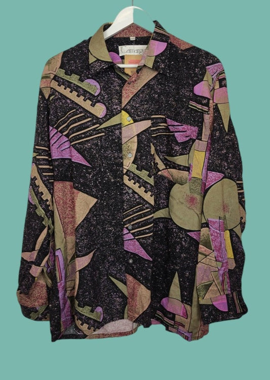 Vintage, Εμπριμέ Ανδρικό Πουκάμισο CAMARGUE σε Μαύρο-Μωβ-Λαδί χρώμα (Large)