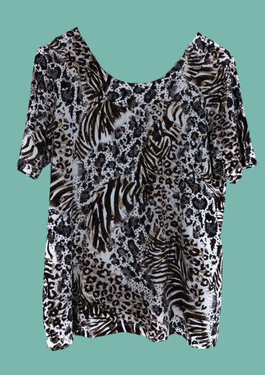 Κοντομάνικη Animal Print Γυναικεία Μπλούζα C&A σε Λευκό- Καφέ Χρώμα (L/XL)