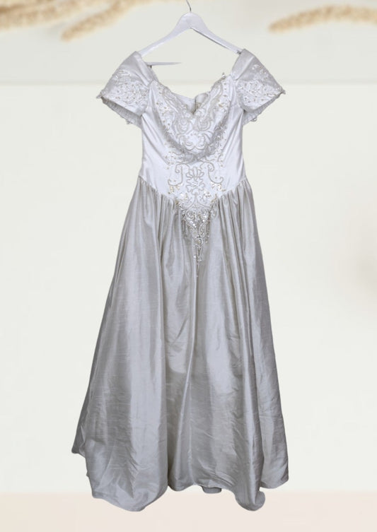 Vintage Νυφικό με Κεντητά Σχέδια και Πέρλες με μανίκια σε Σαμπανιζέ Χρώμα (Large)