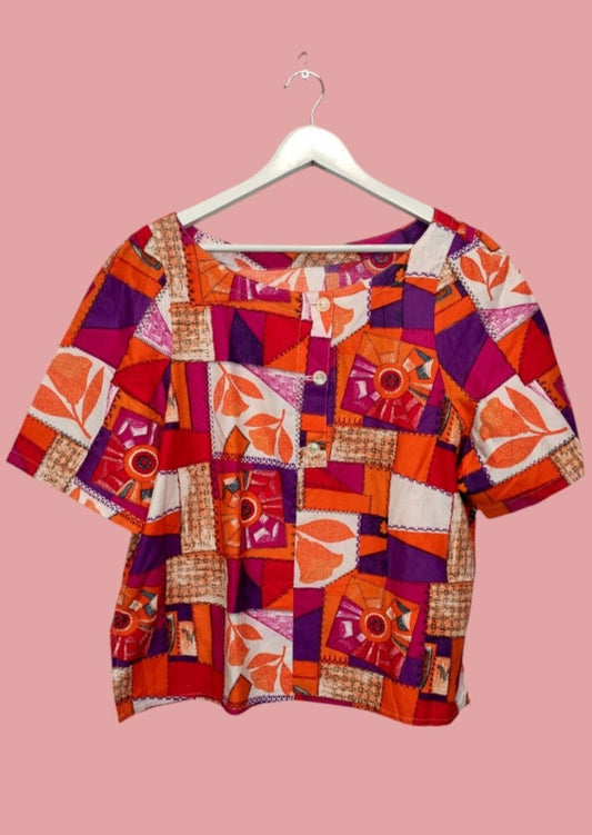 Vintage, Εμπριμέ Γυναικεία Μπλούζα σε Πορτοκαλί - Μωβ χρώματα (Medium)