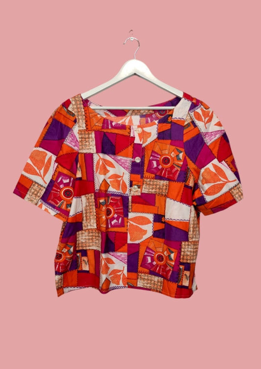 Vintage, Εμπριμέ Γυναικεία Μπλούζα σε Πορτοκαλί - Μωβ χρώματα (Medium)