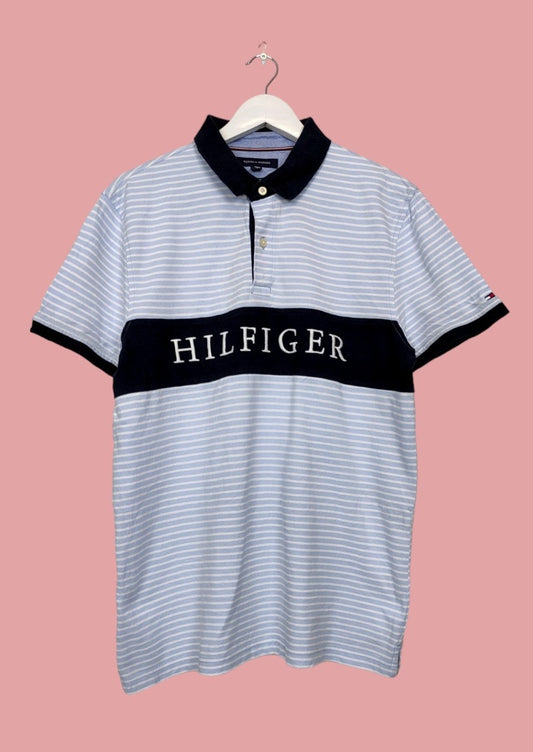 Ριγέ, Ανδρική, Kοντομάνικη Μπλούζα -T-Shirt τύπου Polo TOMMY HILFIGER σε Γαλάζιο-Λευκό χρώμα (Large)