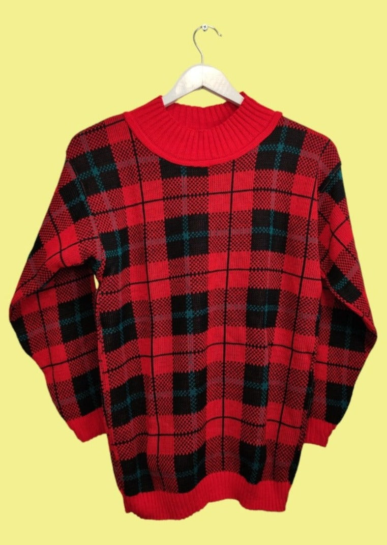 Vintage, Καρό, Πλεκτή Γυναικεία Μπλούζα/Πουλόβερ USA Κόκκινο χρώμα (Medium)