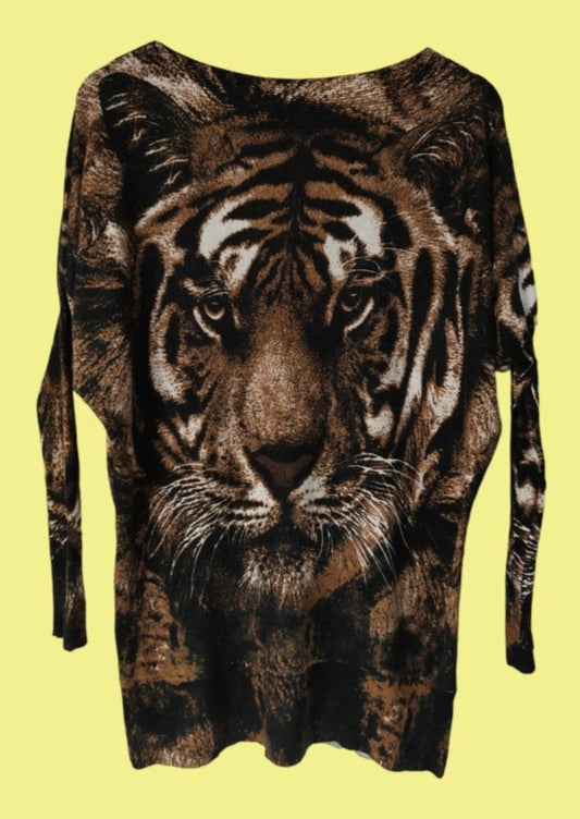Vintage, Γυναικεία, Animal Print, Πλεκτή Μπλούζα σε Καφέ χρώμα (Large)