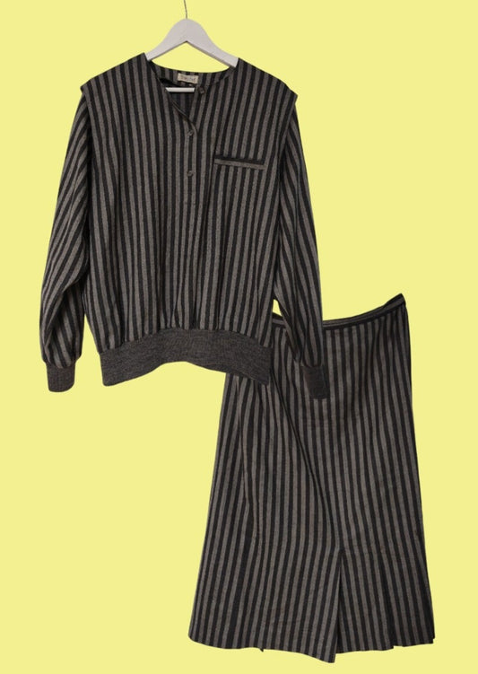 Vintage, Ριγέ, Μάλλινο Γυναικείο Σετ FELICITAS (Μπλούζα - Φούστα) σε Γκρι χρώματα (Large)