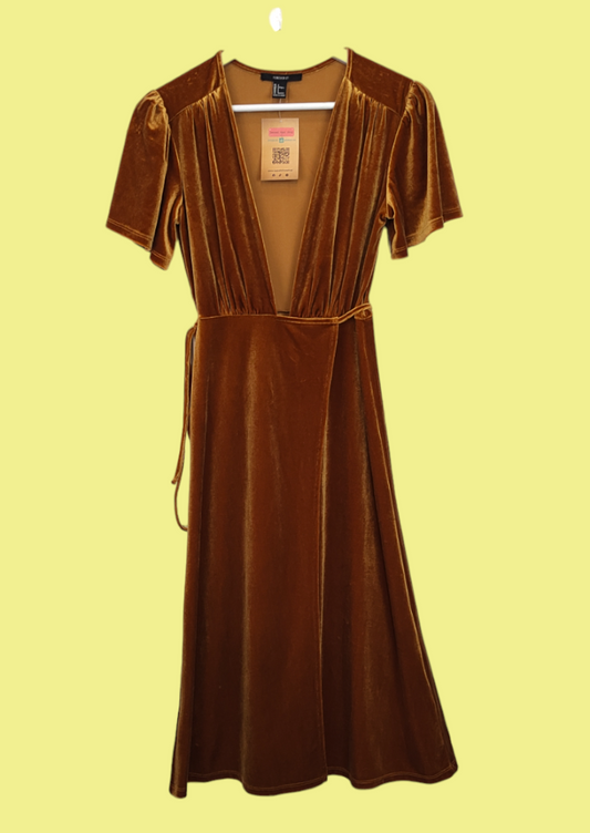 Βελούδινο, Κοντομάνικο Φόρεμα FOREVER 21 σε Καφέ-Χρυσό Χρώμα (Small)