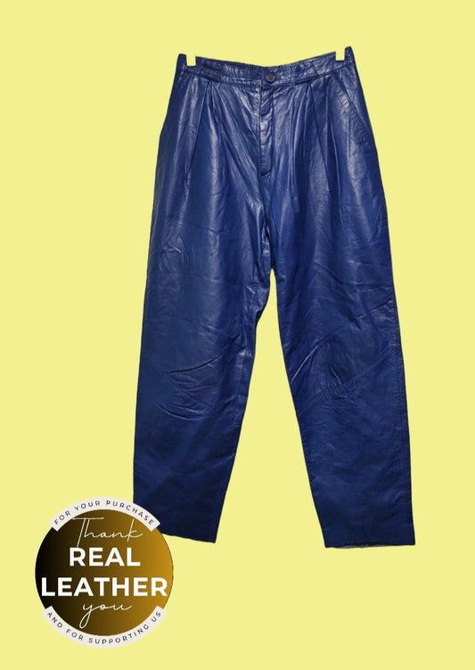 Vintage, Γυναικείο, Δερμάτινο Παντελόνι σε Έντονο Μπλε χρώμα (Small)