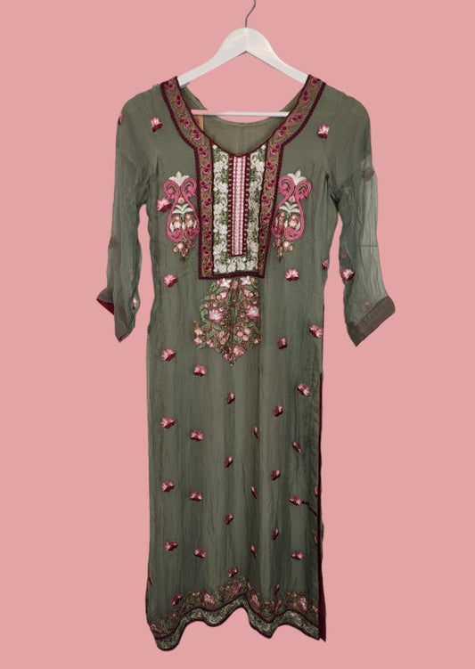 Έθνικ, Vintage Φόρεμα Με Περίτεχνο Σχέδιο σε Χακί Χρώμα (Small)