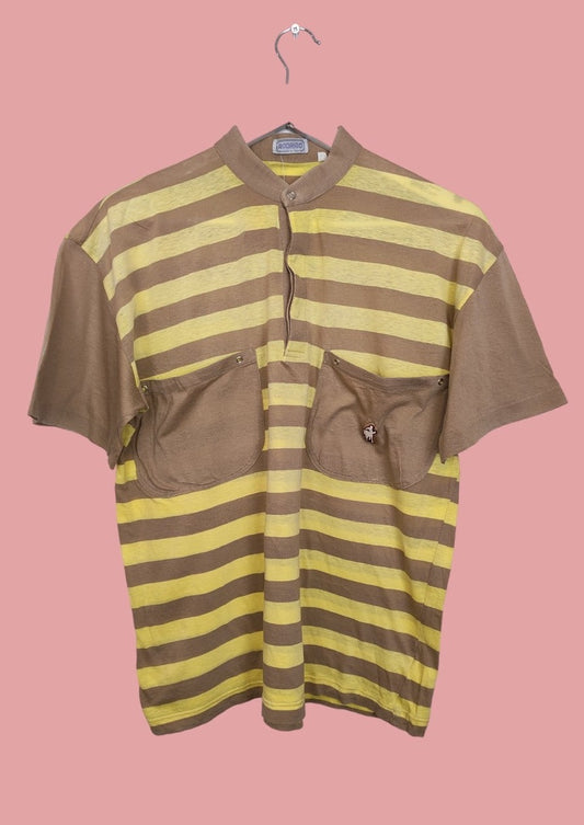 Vintage, Γυναικεία, Ριγέ Μπλούζα - T-Shirt RODRIGO σε Κίτρινο-Καφέ (Large)
