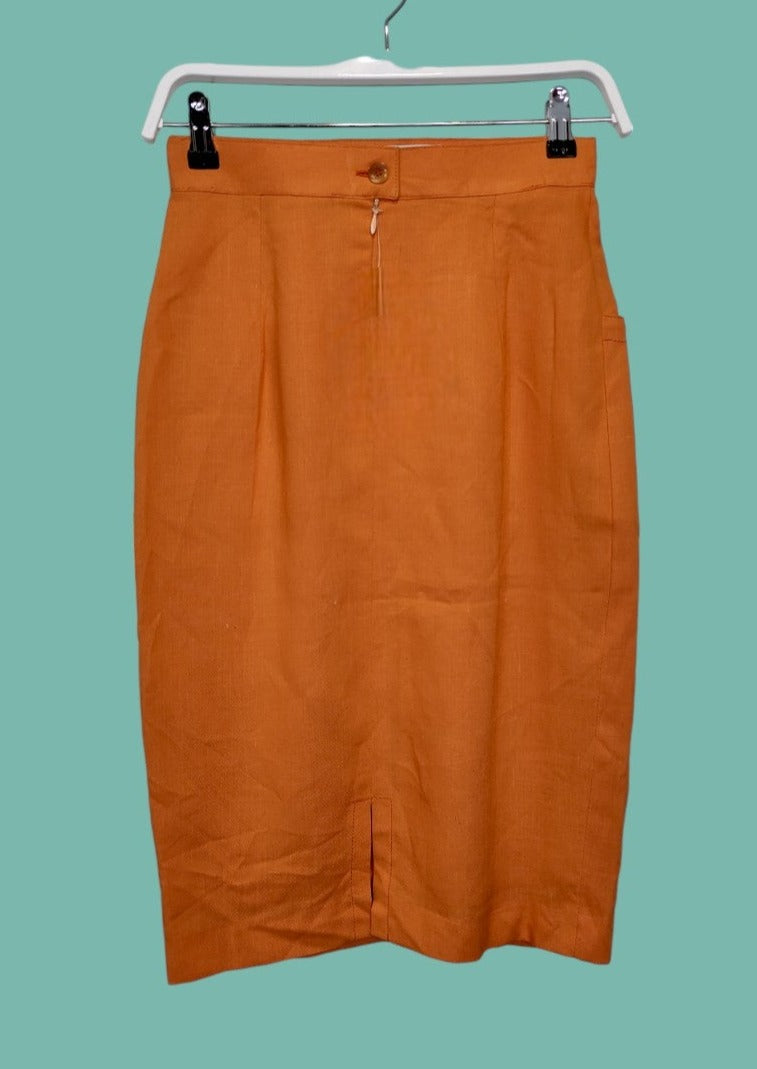 Stock, Vintage, Ιταλικό, Γυναικείο Σετ (Σακάκι-Φούστα) AMBROSINI σε Πορτοκαλί Χρώμα (Σακάκι : S, Φούστα XS - No 40 (IT))