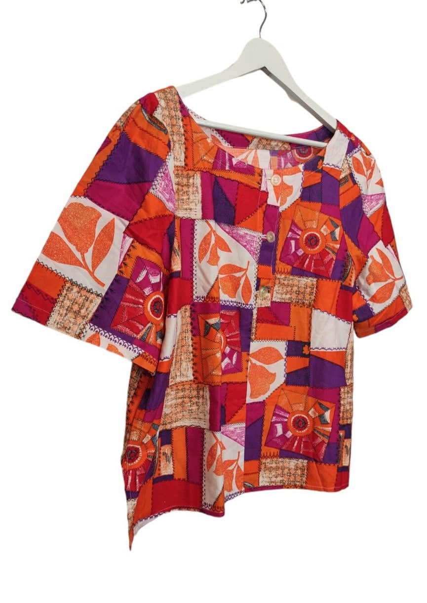 Vintage, Εμπριμέ Γυναικεία Μπλούζα σε Πορτοκαλί - Μωβ χρώματα (Medium)