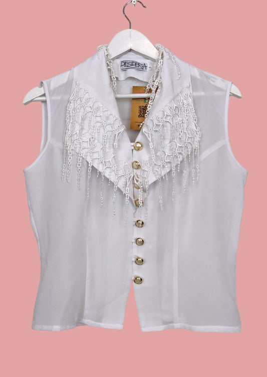 Vintage, Αμάνικο Γυναικείο Πουκάμισο DESIDERIA σε Λευκό χρώμα (Small)
