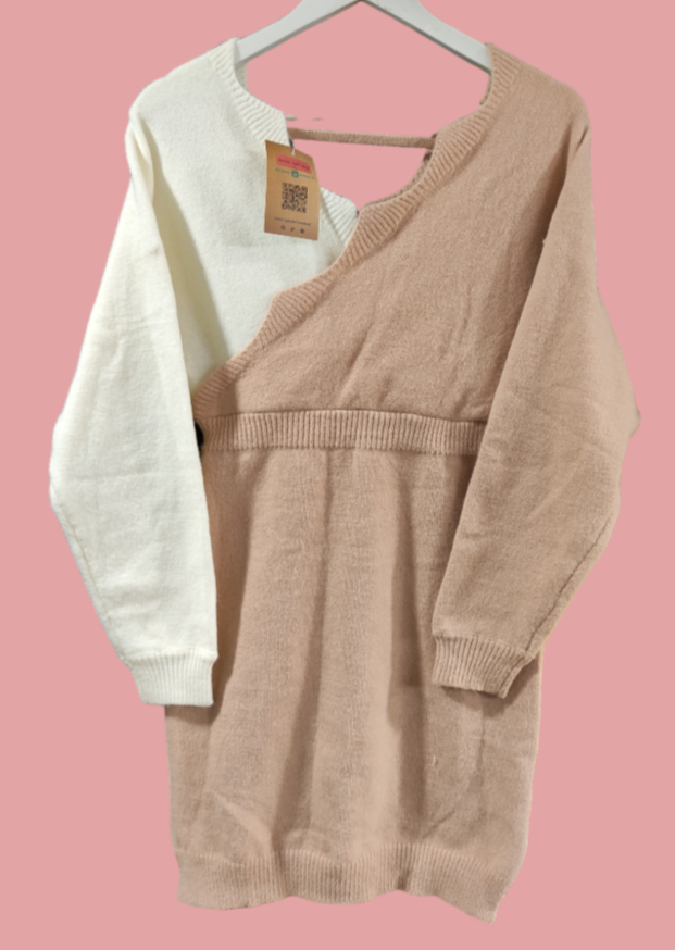 Γυναικεία, Πλεκτή Κρουαζέ Μπλούζα / Φόρεμα  σε Ροζ - Λευκό Χρώμα (Small)
