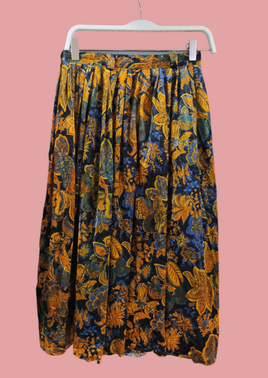 Vintage, Εμπριμέ Βελουτέ Φούστα DIANA BENTALL' S σε Μπλε-Κεραμιδί χρώμα (XS)
