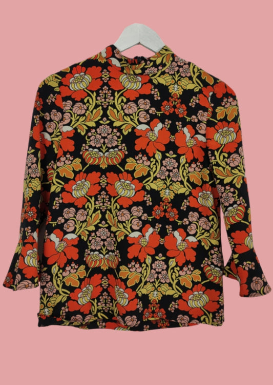 Vintage, Φλοράλ Γυναικεία Μπλούζα TOPSHOP σε Μαύρο - Πορτοκαλί χρώμα (XS)