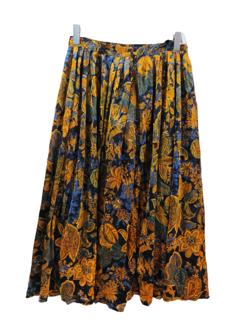Vintage, Εμπριμέ Βελουτέ Φούστα DIANA BENTALL' S σε Μπλε-Κεραμιδί χρώμα (XS)