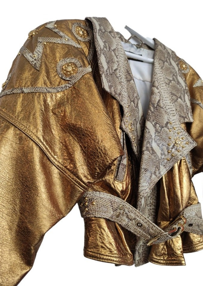 Vintage, Γυναικείο, Δερμάτινο Ροκ Τζάκετ Δερματίνης LINA MILES σε Χρυσό χρώμα (M/L)