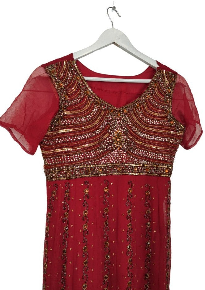 Έθνικ, Κοντομάνικο Φόρεμα Με Περίτεχνο Σχέδιο σε Βαθύ Κόκκινο Χρώμα (Medium)