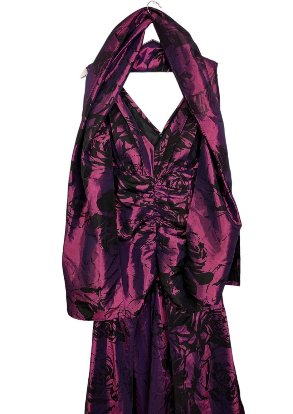 Vintage, Maxi, Σατέν Βραδινό Φόρεμα MEDICI σε Μωβ-Μαύρο χρώμα με Ασορτί Πασμίνα (Large)