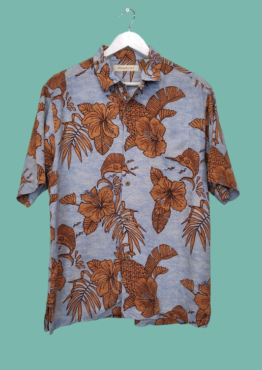 100% Μεταξωτό, Hawaiian, Vintage, Ανδρικό Πουκάμισο TOMMY BAHAMA σε Σιέλ Χρώμα (Medium-Άνετη γραμμή)