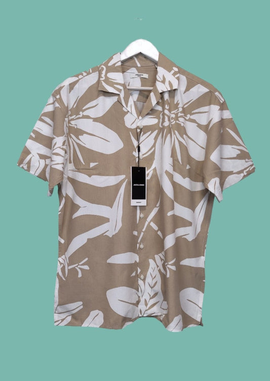 Outlet, Hawaiian Style, Κοντομάνικο Ανδρικό Πουκάμισο JACK & JONES σε Μπεζ-Λευκό χρώμα (Large)