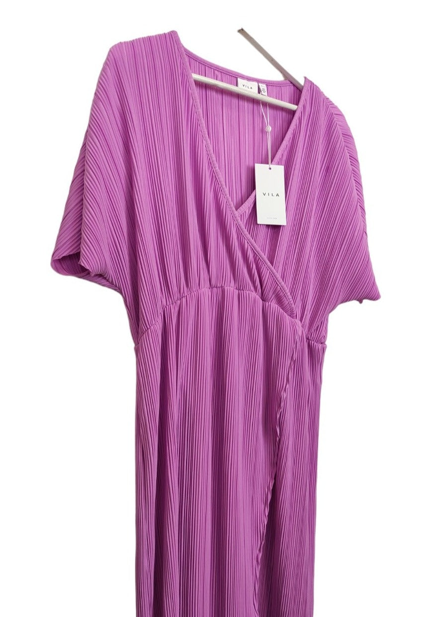 Outlet, Πλισέ Κοντομάνικο Φόρεμα VILA σε Ροζ χρώμα (Large)