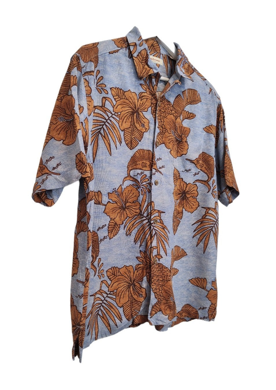 100% Μεταξωτό, Hawaiian, Vintage, Ανδρικό Πουκάμισο TOMMY BAHAMA σε Σιέλ Χρώμα (Medium-Άνετη γραμμή)