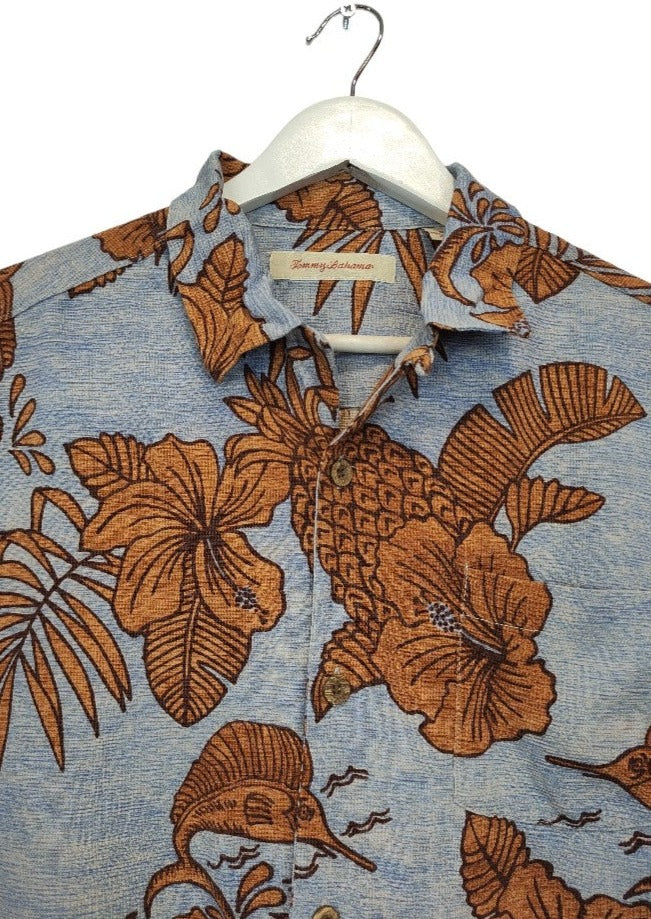 100% Μεταξωτό, Hawaiian, Vintage, Ανδρικό Πουκάμισο TOMMY BAHAMA σε Σιέλ Χρώμα (Medium-Άνετη γραμμή)