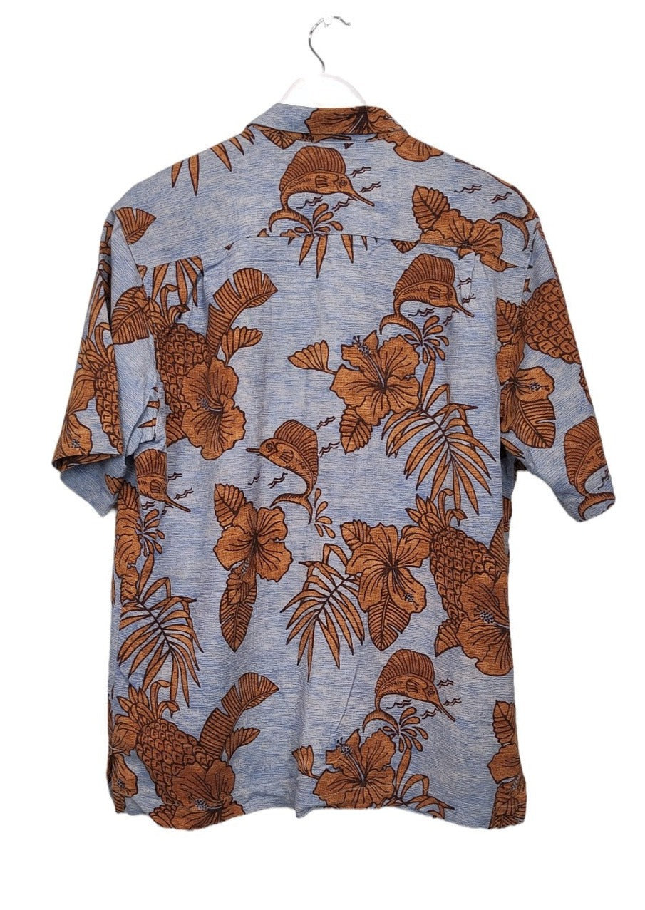 100% Μεταξωτό, Hawaiian, Vintage, Ανδρικό Πουκάμισο TOMMY BAHAMA σε Σιέλ Χρώμα (Medium-Άνετη γραμμή)