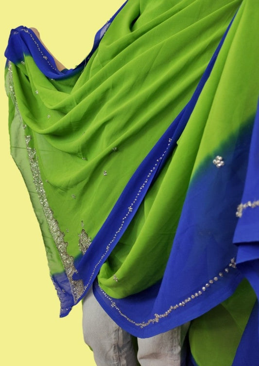Vintage, Ινδικό Παραδοσιακό Σάρι σε Πράσινο-Βαθύ Μπλε χρώμα
