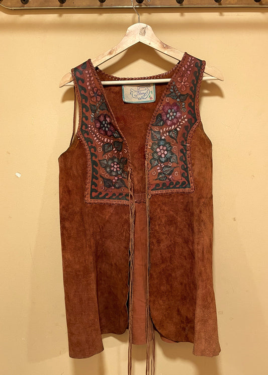 Vintage, Δερμάτινο, Μακρύ Γυναικείο Γιλέκο σε Καφέ χρώμα (Medium)
