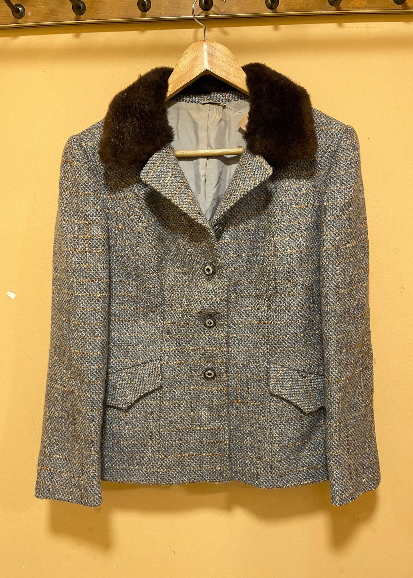 Vintage, Μάλλινο Γυναικείο Σακάκι με Γούνα σε Σιέλ / Καφέ (L/XL)