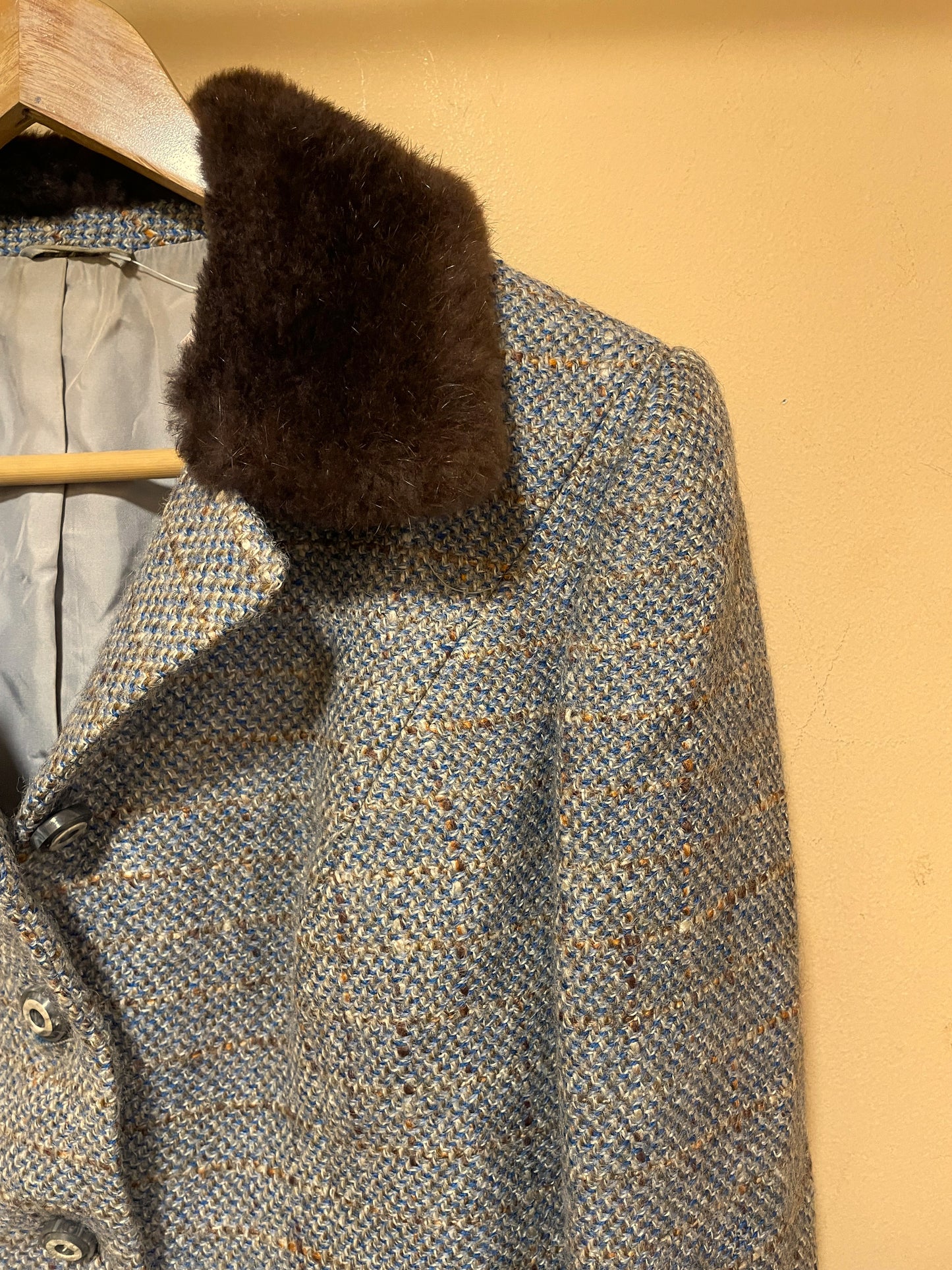 Vintage, Μάλλινο Γυναικείο Σακάκι με Γούνα σε Σιέλ / Καφέ (L/XL)