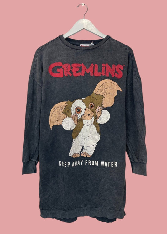 Vintage, Oversized, Μακό Μπλουζοφόρεμα GREMLINS σε Γκρι Ξεθωριασμένο χρώμα (XS)