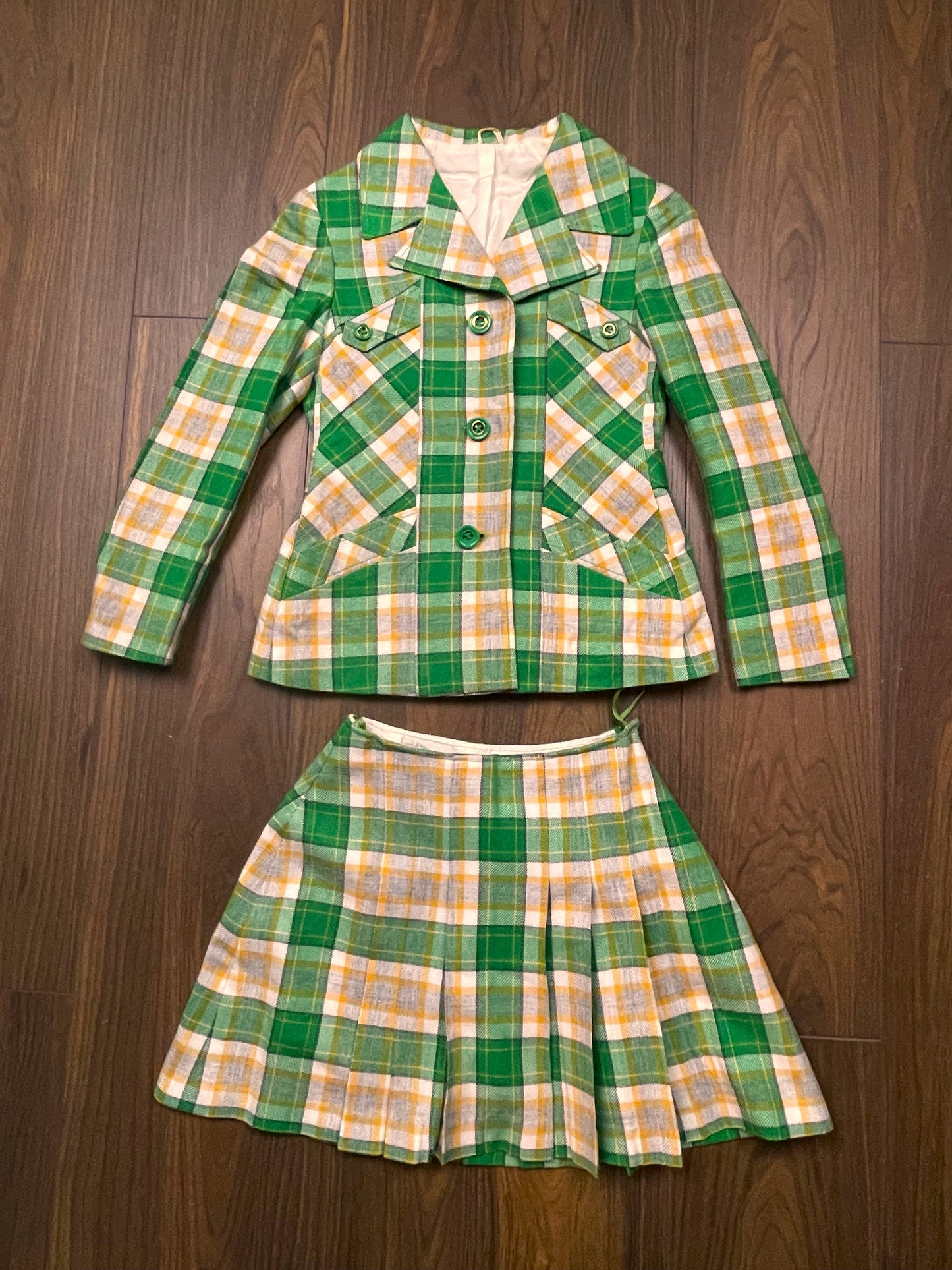 UNIQUE ITEM: Vintage Γυναικείο Σετ (Σακάκι - Φούστα) Πράσινο - Πορτοκαλί χρώμα (XS/2XS - 152cm)